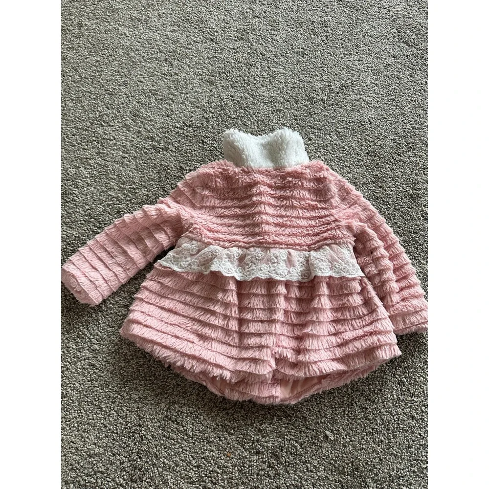 Little Lass Toddler Girls Pink Faux Fur Ruffle Jacket Lace Trim Size 2T